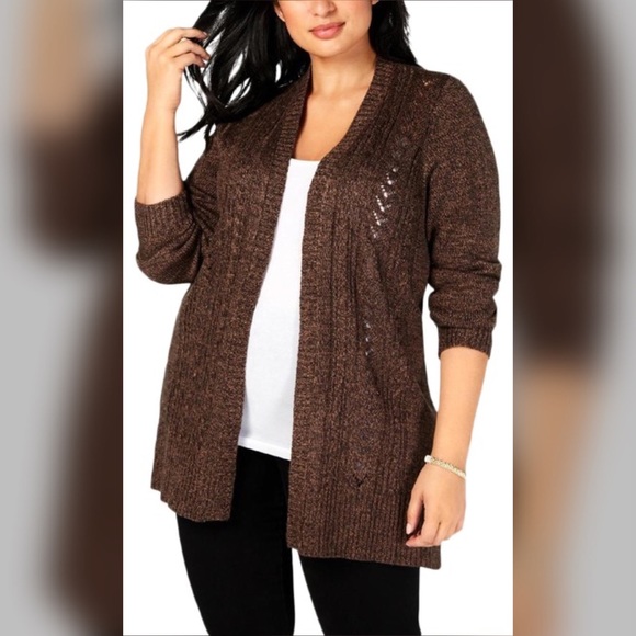 Karen Scott Sweaters - Brown & Black Heather Open Front Cardigan Size 0X